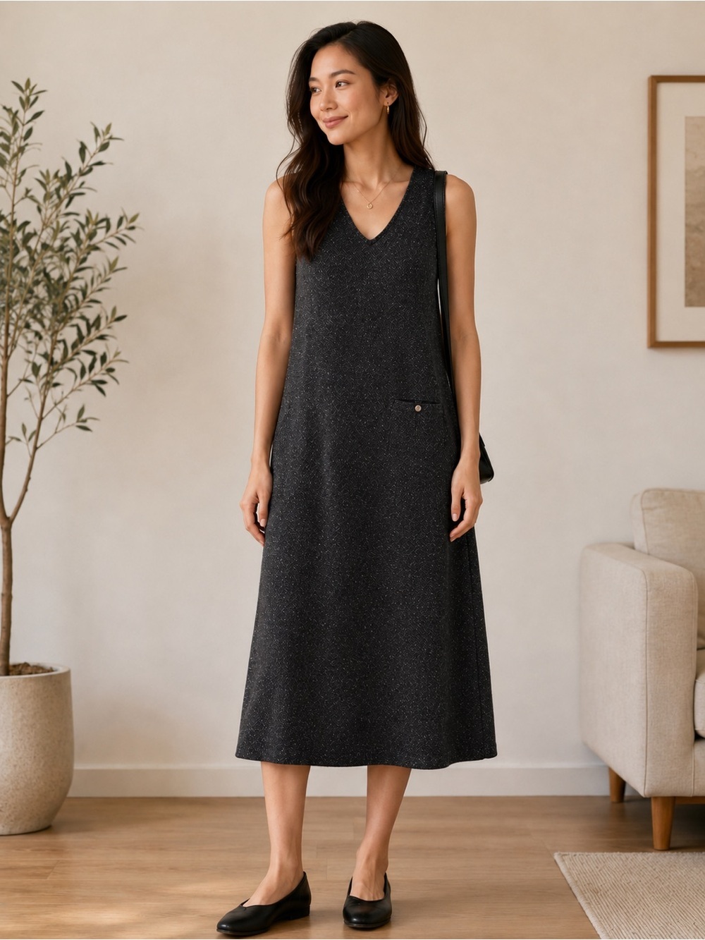 Talbots Black & Gray Herringbone Sleeveless Midi Dress
Size Small
